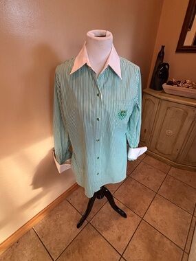 DG2 by Diane Gilman Green and White Striped Blouse with Crest